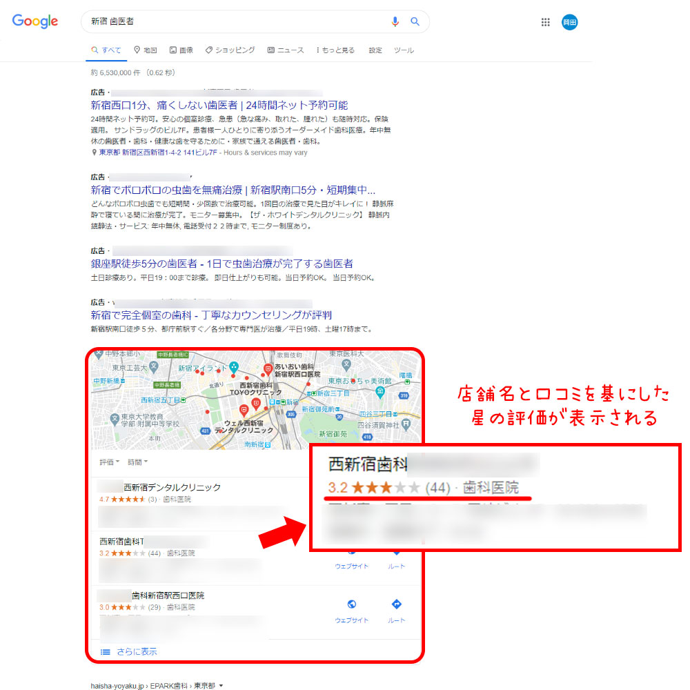 Googleマイビジネスに登録されている店舗情報と口コミ